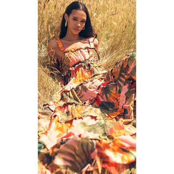 Farm Rio Cocoa Forest Ruffle Floral Maxi Dress - Picture 1 of 9